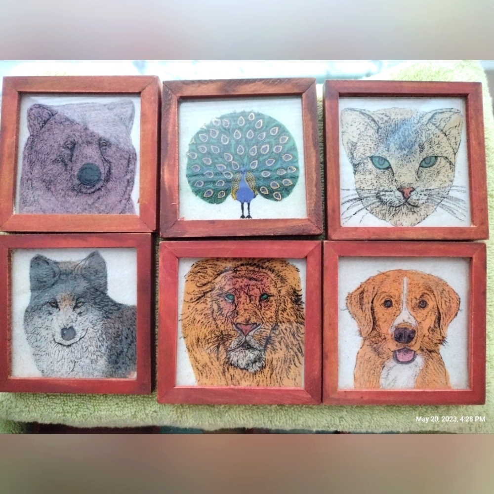 Coasters 7 Gemstone Painted Glass and Wood Coasters w/Box
